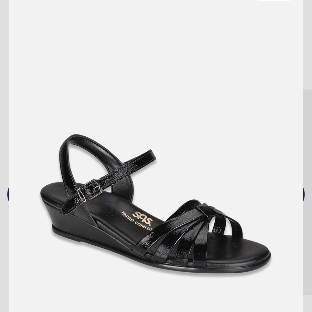 SAS Strippy Quarter Strap Womens Size 11 Sandals Black Leather Wedge